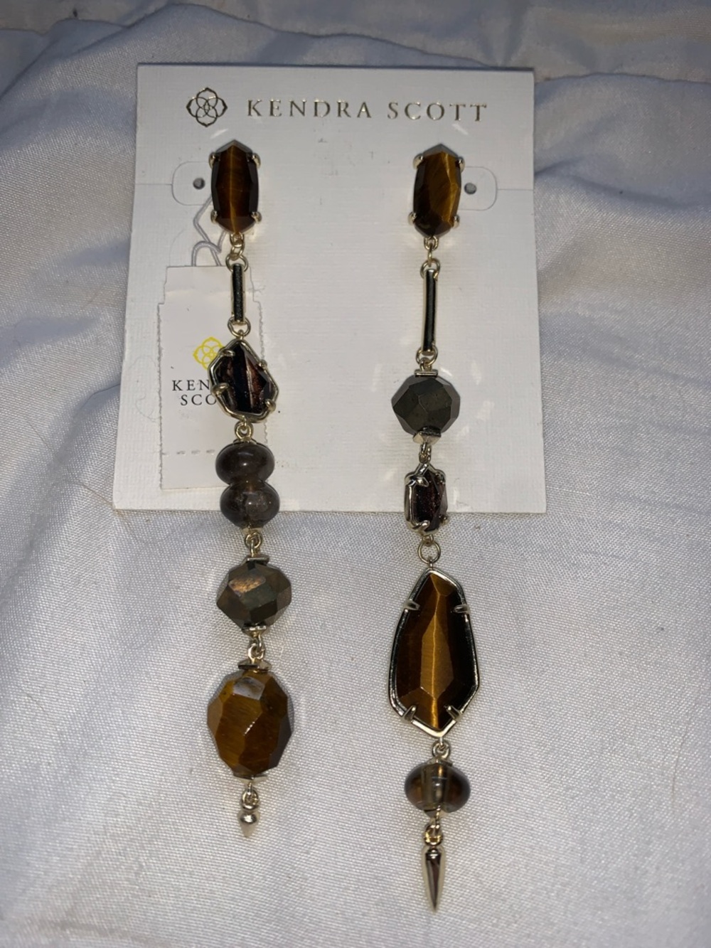 KENDRA SCOTT NWT Cosette Tiger Eye Pyrite Asymmetrical Mismatch Dangle Earrings